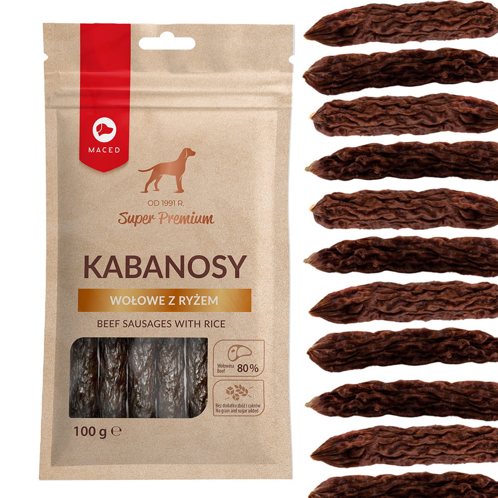 Maced Naturalny Przysmak Treserki Kabanosy Wołowe z Ryżem dla Psa 100g